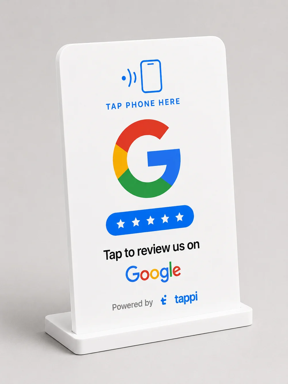 Soporte tappi Stand blanco con base, logo de Google y cinco estrellas